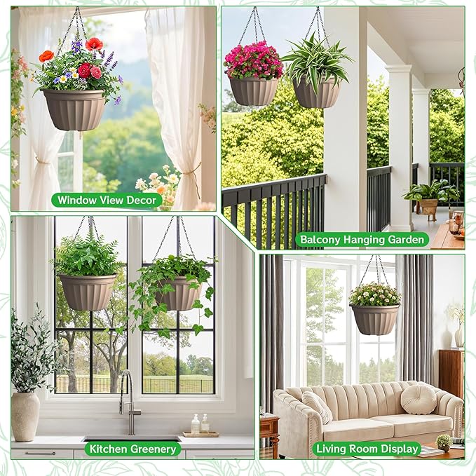 FGstyle 6 Pack Hanging Planters 8 Inch, Self Watering Pots for Indoor Plants, Plastic Hanging Basket with Soil Elevator and 20" Chain for Home Garden Porch Balcony Patio Decor (Beige)