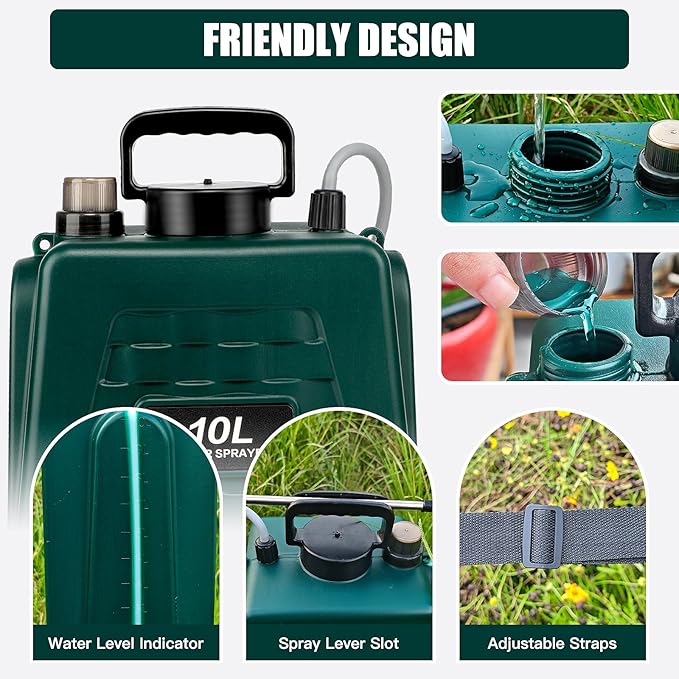 2.6 Gallon Battery Powered Garden Sprayer, Electric Sprayer Weed Yard Lawn Sprayers with 3 Mist Nozzles, USB Rechargeable Handle & Retractable Wand & Adjustable Strap (Green)