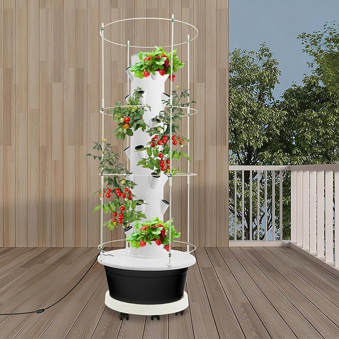 Hydroponic Growing System Kit, Vertical Hydroponic Tower with Climbing Trellis, Indoor & Outdoor Herb Garden, Vegetable Tower with 28 Planting Pods for Tomatoes,Strawberries (White and Black)