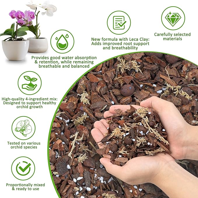 Orchid Bark Potting Mix 9QT - Orchid Soil Mix with Pine Bark, Perlite, Sphagnum Moss & Leca Clay, Fast-Draining Mix for Repotting Phalaenopsis & All Epiphytic Orchids, Indoor Orchid Mulch