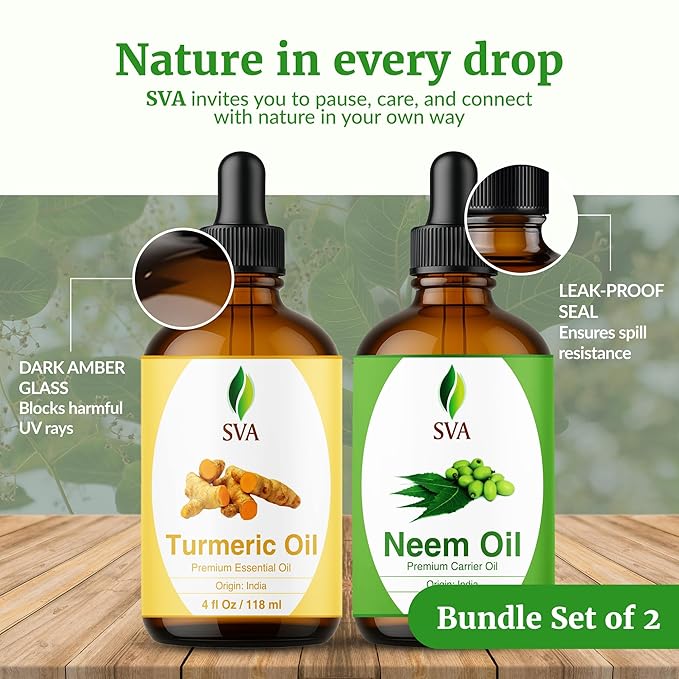 SVA Neem Oil 4 oz and Turmeric Oil 4 oz Bundle Super Saver Combo – Premium Grade Value Set for Hair Oiling, Scalp Massage, Hair Care, Skin Care and Body Massage