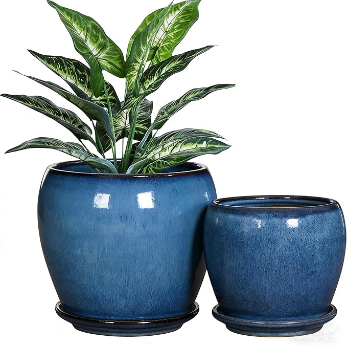 GnFlus Blue Ceramic Planter Pots with Drainage Holes, 5 Inch + 4 Inch Set of 2, Flower Plants Pot with Saucers Tray Planter Garden Pot for Succulent Cactus Home Decoration Gift Indoor Outdoor