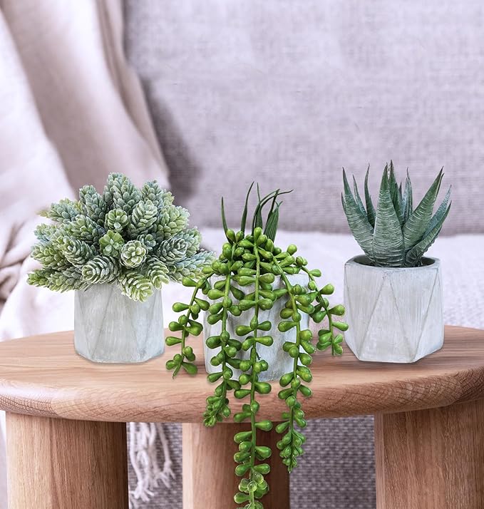 Winlyn Set of 3 Mini Artificial Succulent Plants Potted Small Fake Aloe Hops String of Pearls Plants in Gray Hexagon Ceramic Pots for Modern Home Office Desk Living Room Kitchen Table Shelf Décor
