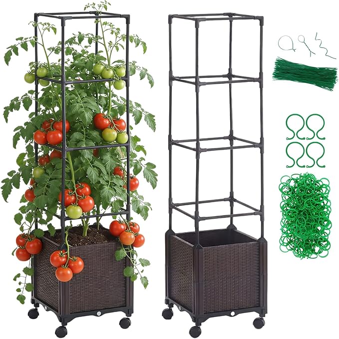 Raised Garden Bed Planter Box with Trellis | Self-Watering Tomato Planter with Wheels for Climbing Plants & Vegetable | Vertical Gardening Tomato Pot with Tomato Cage Indoor Outdoor Patio Greenhouse