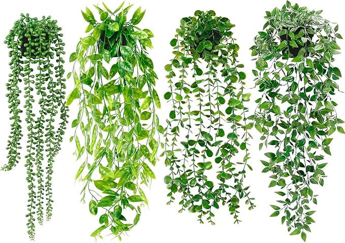 Palonu 4 Pack Faux Artificial Hanging Plants, Fake Potted Greenery with Eucalyptus Vine, Mandala, Pea Pod Leaves & String of Pearls in Pots for Office, Living Room, Bathroom, Indoor & Outdoor Décor