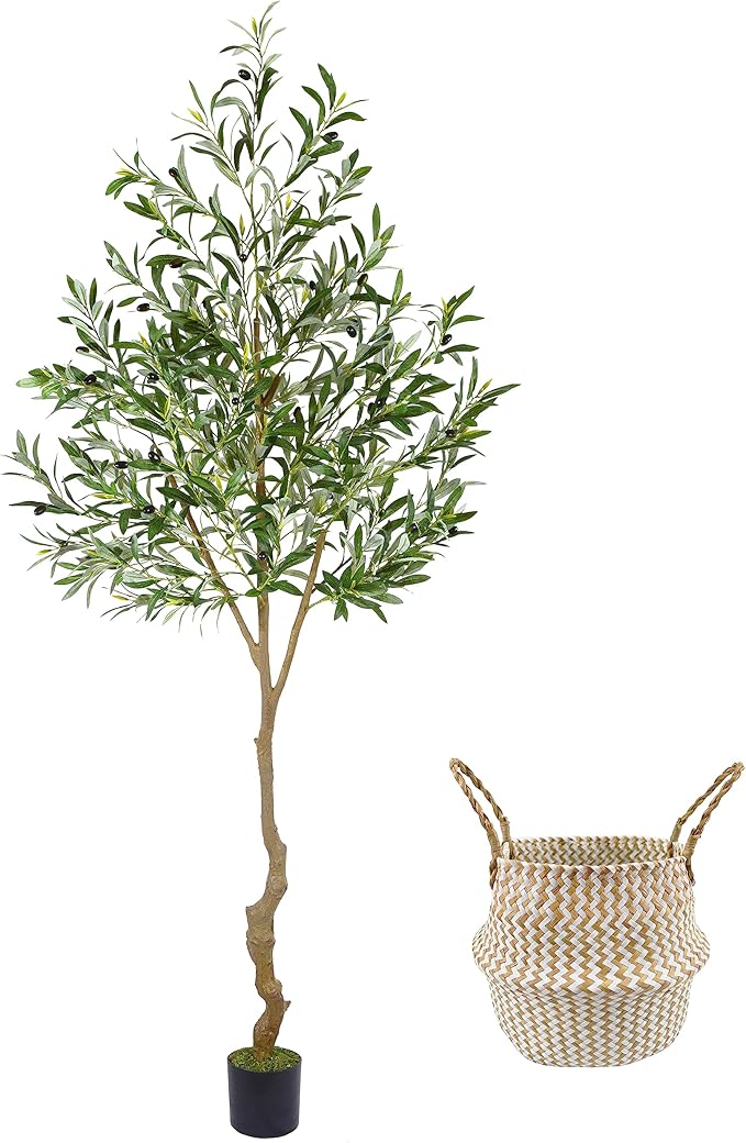 Warmplants Artificial Olive Tree, 7ft Tall Fake Olive Leaves Plant with Basket, Indoor Outdoor Faux Olive Topiary Silk Tree for Home Livingroom Office Décor