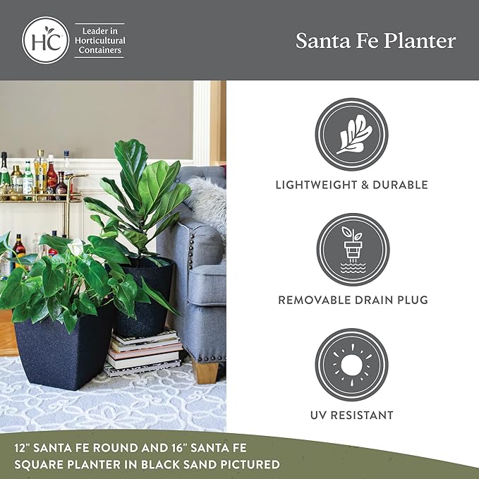The HC Companies Santa Fe Square Self-Watering Pot - Lightweight Plastic Planter for Herbs & More - Durable Plant Pots for Indoor Plants & Outdoor Plants (12" Pebble Gray, Pack 2)