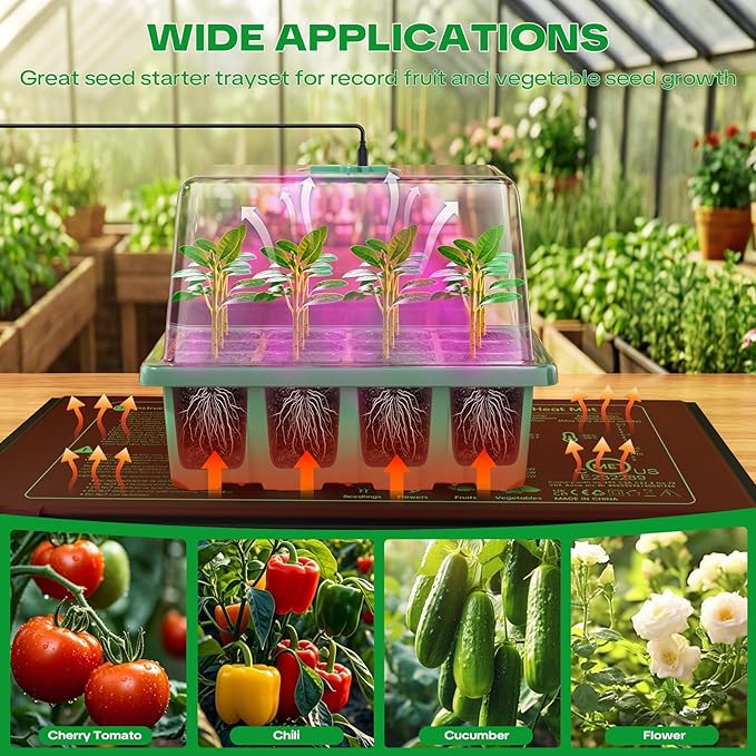 YAUNGEL Seed Starter Tray with Grow Light, Heat Mat with Thermostat, 5 Pack Seed Starter Kit with Timing Controller Adjustable Brightness, Thicken Seedling Starter Trays with Humidity Domes