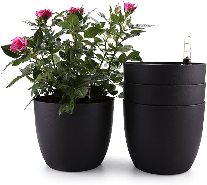 T4U 7 Inch Plastic Self Watering Planter with Water Level Indicator Black Set of 4, Modern Decorative Planter Pot for All House Plants, Flowers, Herbs, African Violets, Succulents