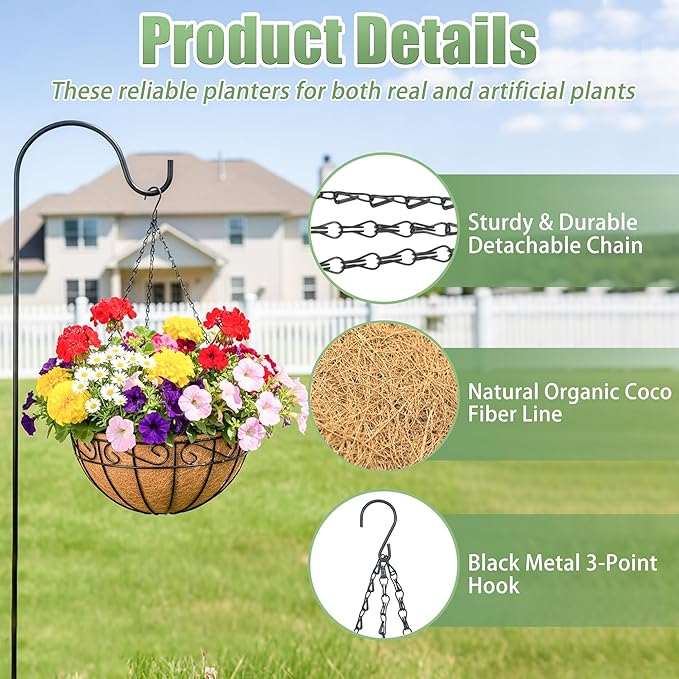 2 Pack 12 Inch Hanging Baskets for Plants Outdoor Metal Hanging Planters Round Hanging Flower Pots with Coco Coir Liner Plant Holder for Outdoor Patio Garden Balcony Decor - Flower Border