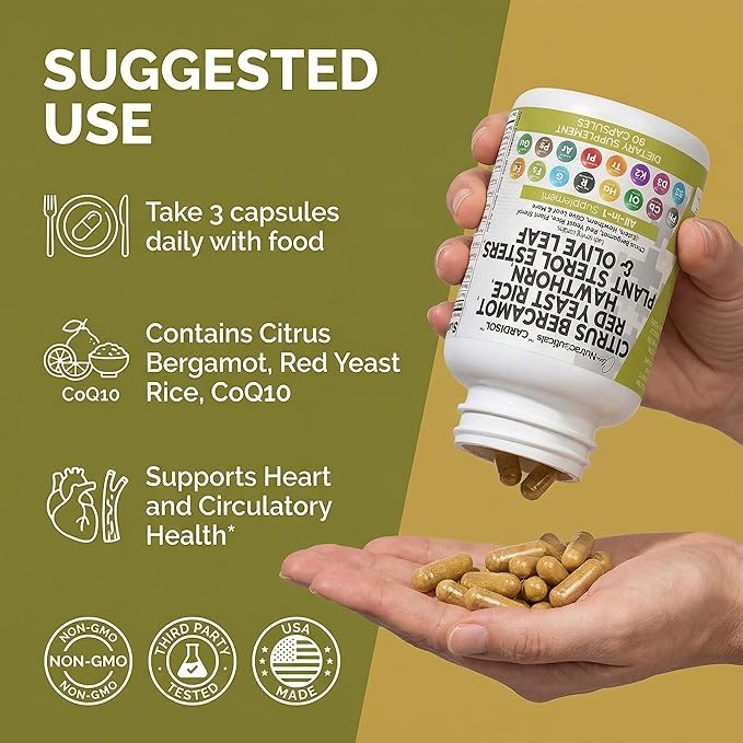 Clean Nutraceuticals Citrus Bergamot Red Yeast Rice Capsules with Plant Sterols - with Hawthorn Extract Olive Leaf Niacin Vitamin K3 D3 COQ10 Guggul & More