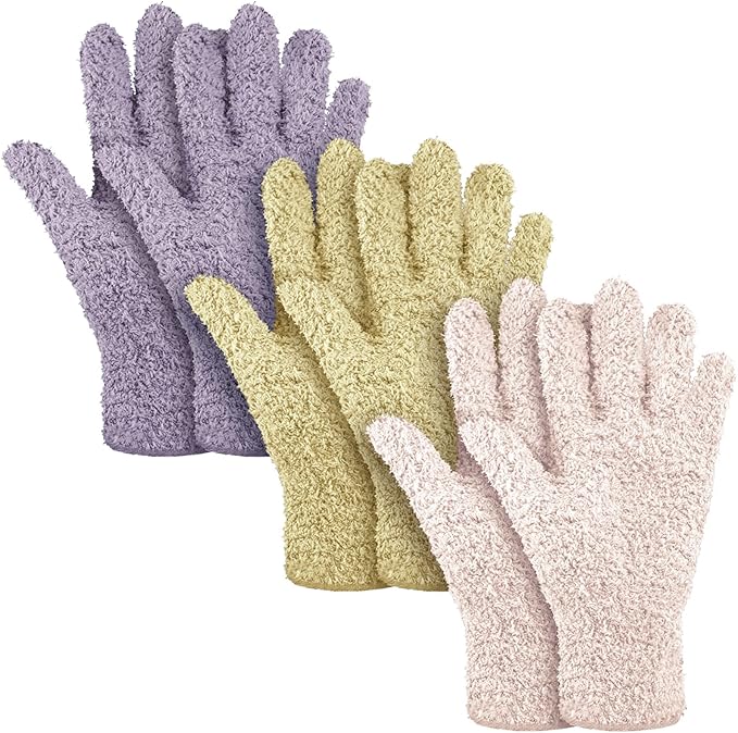 Patelai 3 Pairs Microfiber Plant Dusting Gloves Leaf Cleaning Gloves for Indoor Plants, Blinds, Furniture, House (Pink,Nude,Light Purple,Small)