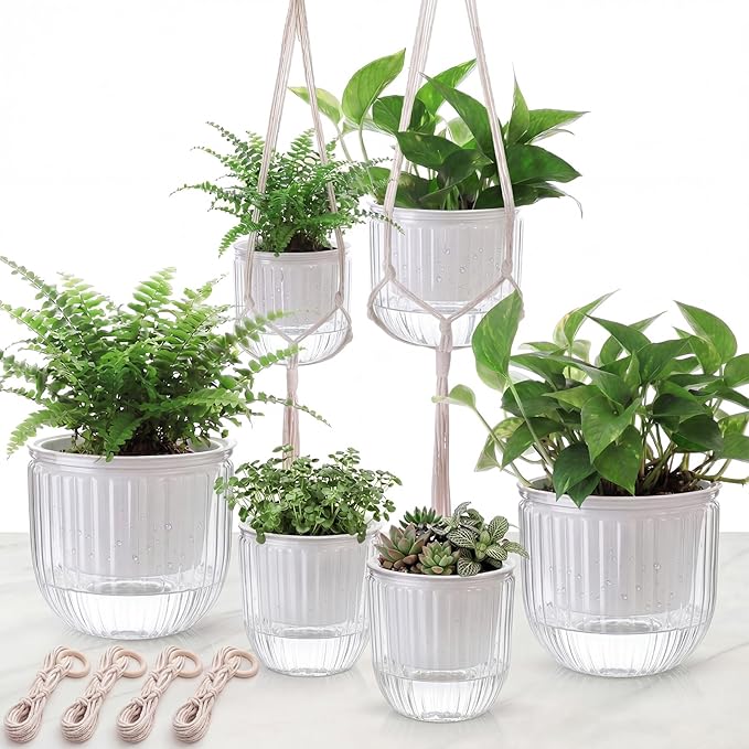 6 Pack Self Watering Hanging Planters Indoor Flower Pots(4.5"+6.5") Visible Water Level Markers 3 Hanging Ropes with Drainage Holes for Indoor Outdoor Garden Home Decor Supplies (White)