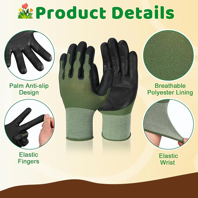 Gardening Gloves for Men Women, 3 Pairs Breathable Grip Work Gloves TPE Coated for Yard Outdoor, Planting, Landscaping