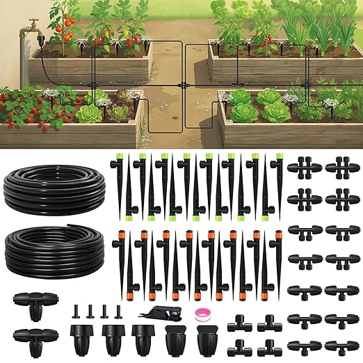 RAINPOINT Drip Irrigation System, Quick-Connect Garden Watering System Kit with Adjustable Emitters for Greenhouse, Garden Grid, Raised Bed, Potted Plant (50 ft Main Tubing + 100 ft Irrigation Tubing)