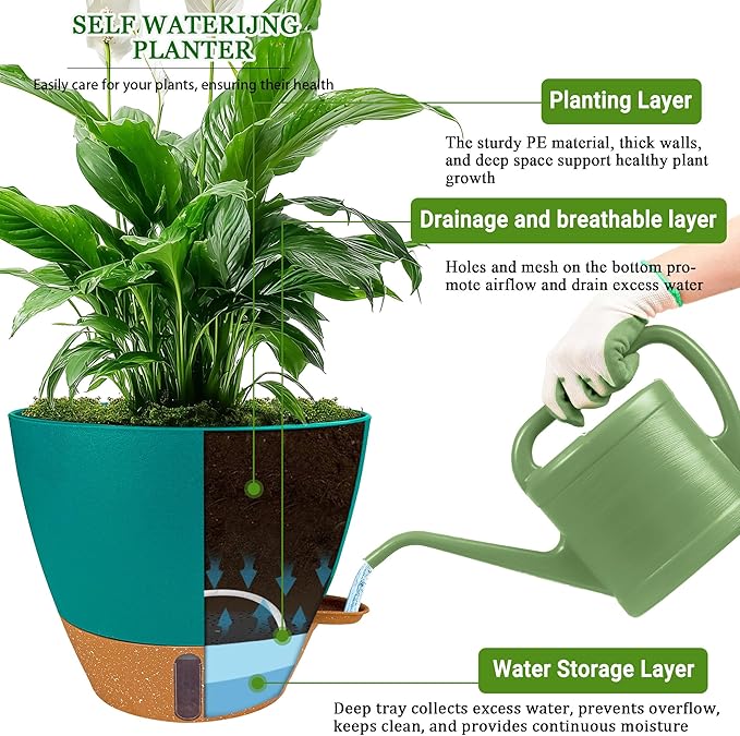8/10/12 Inch Self Watering Pots for Indoor/Outdoor Plants - Large Plastic Planter with Drainage Holes, Water Level Indicator & Deep Reservoir, Modern Decorative Flower Pots (Turquoise)