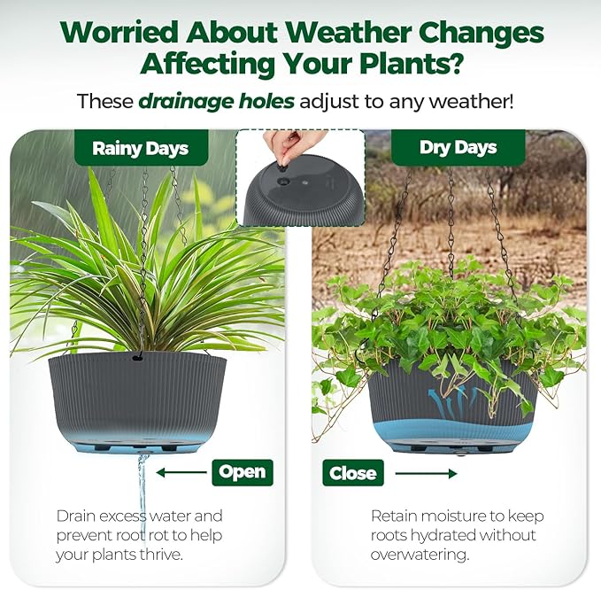 T4U 10 Inch Hanging Planters for Indoor Outdoor Plants, Hanging Plant Pot Pack of 2, Self Watering Hanging Pots with Drainage Hole & Plug & Chain with 3 Hooks for Garden Home Decor, Grey