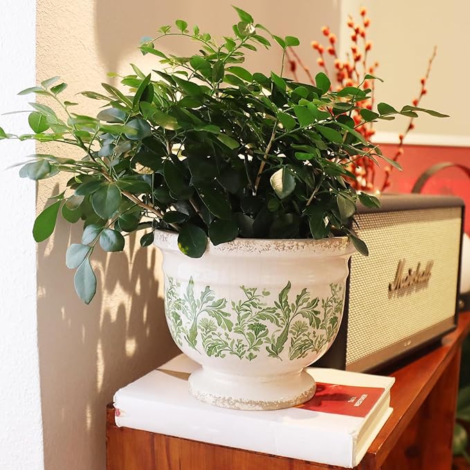 Vintage Ceramic Planter Pot with Drainage, 6.8 Inch Large Crackle Glaze Flower Pot with Green Floral Leaf Pattern for Succulents, Flowers, Farmhouse Country Rustic Planters for Gardening Gift