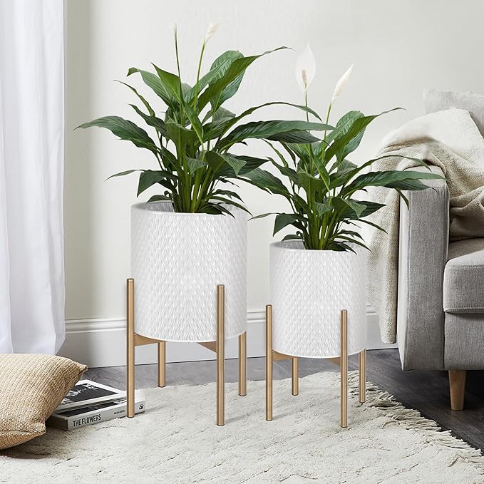 Oakrain Mid Century Planters for Indoor Plants, Set of 2, Modern Decorative Metal Planters for Living Room, Office, Garden or Balcony, White Planters with Stands, 10" & 12", Off-White