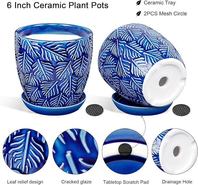 EFISPSS 6 Inch Plant Pots, Ceramic Plant Pots with Drainage Hole and Saucer, Indoor/Outdoor Flower Pots, Set of 2 - Blue
