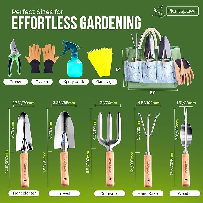 9 PCS Gardening Tools Set with Bag | Heavy-Duty Rust-Proof Hand Tools, with Wooden Handles 15 Plant Tags Included | Garden Tools, Gardening Essentials, Garden Supplies Gift for Men, Women & Gardeners