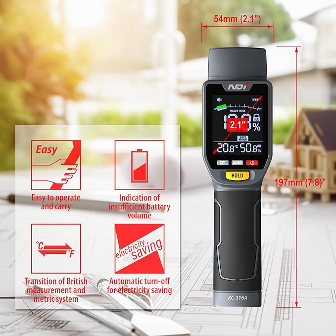 NDI 6 in 1 Non-invasive Moisture Meter Pinless Humidity Sensor Drywall/Gypsum Board/Cement Board/Cork/Hardwood/Mildew Index