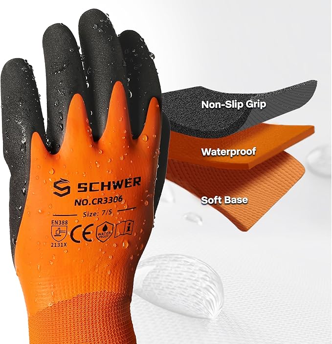 Schwer 6 Pairs Waterproof Work Gloves for Men and Women CR3306, Gardening Gloves with Double Latex Coated, Non-slip Working Gloves, Outdoor Construction, Car and Fish Cleaning, No Fleece Lining, L