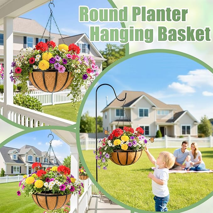 2 Pack 12 Inch Hanging Baskets for Plants Outdoor Metal Hanging Planters Round Hanging Flower Pots with Coco Coir Liner Plant Holder for Outdoor Patio Garden Balcony Decor - Flat Iron