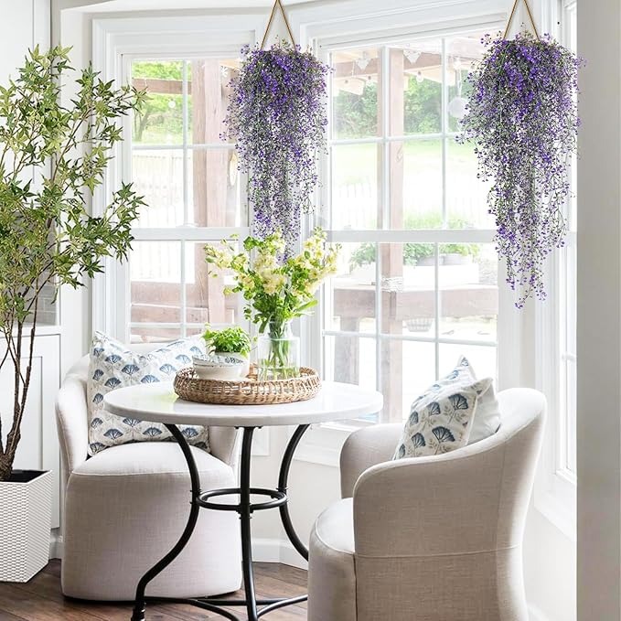RECUTMS Artificial Vine Plants 2 Pack Fake Hanging Flower Plants Faux Ivy Vine Leaves Plastic Baby Breath Greenery UV Resistant for Home Bedroom Wall Porch Garden Wedding Decor (Purple)