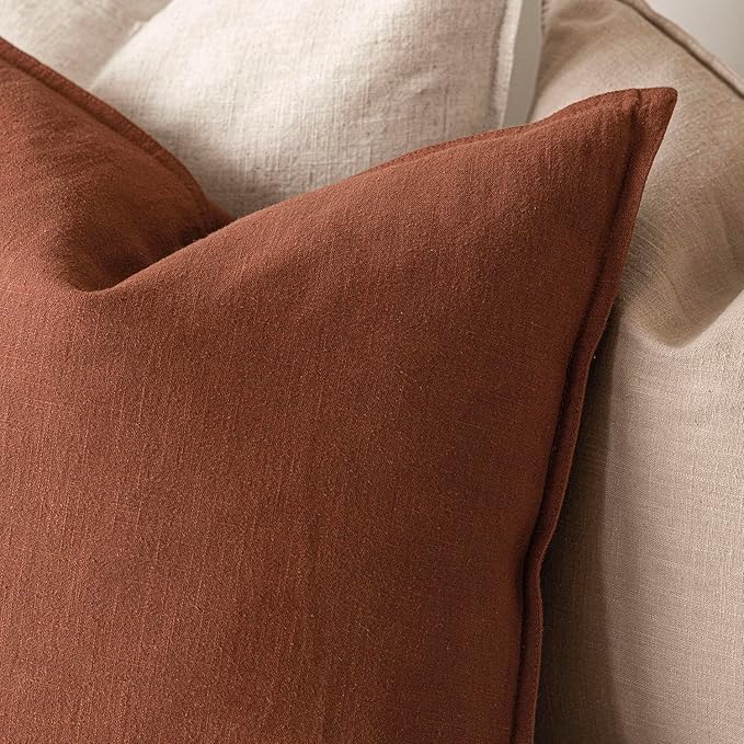 Foindtower Pack of 2, Decorative Linen Soild Throw Pillow Covers Soft Accent Cushion Case Farmhouse Neutral Pillowcase for Chair Couch Sofa Bedroom Living Room Home Decor 18 x 18 Inch Fall Rust Orange