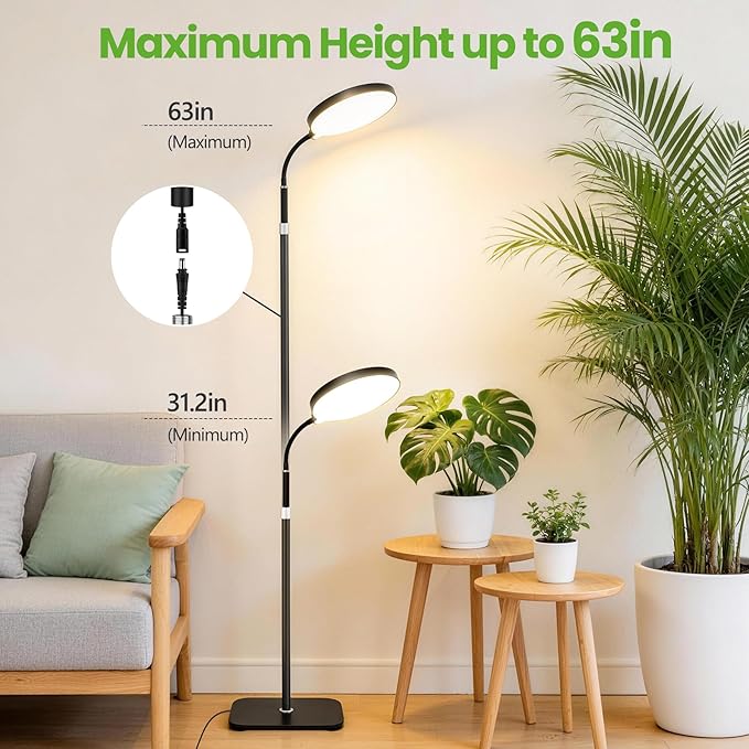20W Full Spectrum Grow Light for Indoor Plants, 63in Adjustable Floor Lamp with Gooseneck, 4000K Natural Sunlike Light, 3/9/12H Auto On/Off Timer, 10-Level Dimmable for Tall Small Plants