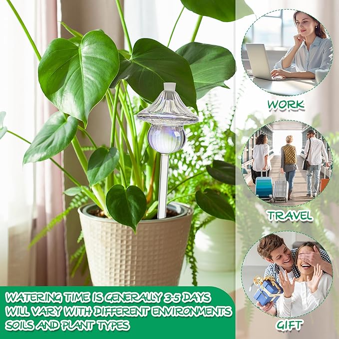 Plant Watering Globes Mushroom, Iridescent Patterned Glass Watering Bulbs, Self Watering Planter Insert, Self Watering Globes - Plant Watering Devices for Travel, Vacation (4 PCS)