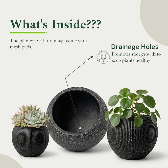 DTY Mount Sherman 12.6" D x 10'' H (Pot Opening 8.5") Fiberstone Round Planter with Drainage Hole, Smooth Finishes, Weather Resistant for Indoor and Outdoor, 2 Extra Coco Mats - Ribbed Black, Small