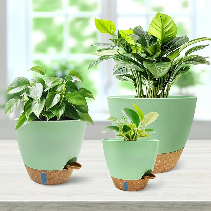 MNKXL 12"/10"/9"/8" Self Watering Pots with Visual Water Window,Extra Large Self Watering Plant Pots with Drainage Holes & Saucers,Green Planters for Indoor Plants,4-Pack