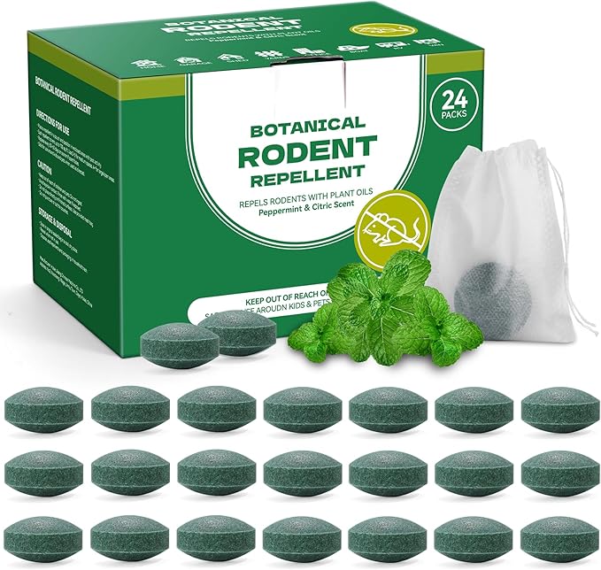 Natural Mouse Repellent. Peppermint Oil Rodent Deterrent Balls for Mice, Rats, Squirrels & Spiders, Natural Plant-Based (24)