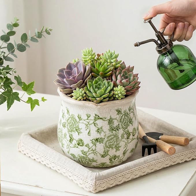 DREAMLOOM Vintage Ceramic Planter for Indoor Plants,6.1" Ice Crack Cottage Scroll Vase Tuscan Decor Flower Pots with Drainage Holes Home Kitchen Farmhouse Antique Decorative Gift (Green-Corrugated)