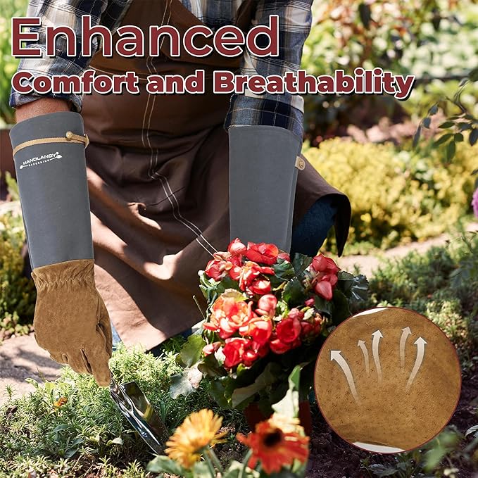 HANDLANDY Long Gardening Gloves for Men & Women, Pigskin Leather Rose Pruning Gloves, Breathable Thorn Proof Gauntlet Glove (Steel Gray, L)