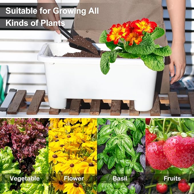 Oliz Self-Watering Rectangle Planter Boxes 8-Pack, 15.7-Inch Window Box Planter with Drainage Holes & Trays, Pots for Vegetables, Herbs, Flowers, Garden Windowsill Balcony (White)