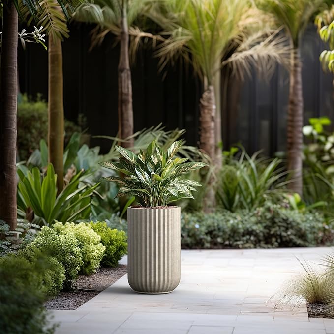 Kante Tall Fulted Planter, 17.7 Inch Tall Round Concrete Plant Pots with Drainage Hole and Rubber Plug, Modern Decor for Indoor Outdoor Plants, Flower, Weathered Concrete