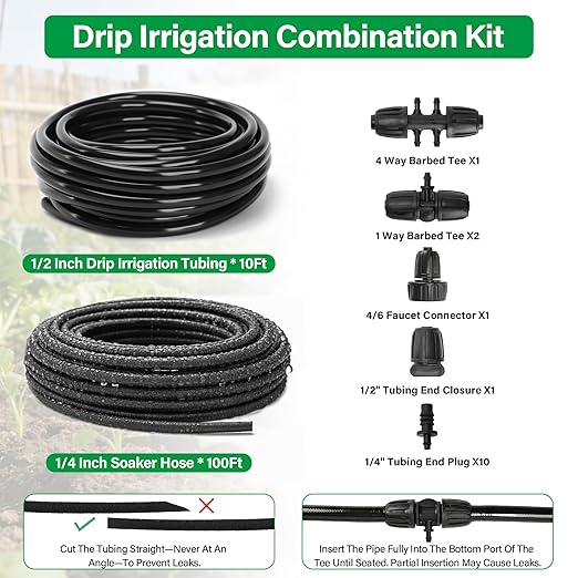 MIXC Drip Irrigation System with 100FT 1/4" Soaker Hose - 80% Water Savings, Weeping Tech for Deeper Root Watering, Garden Kit with 10FT 1/2" Tubing for Raised Beds, Vegetables, Lawn, Greenhouse