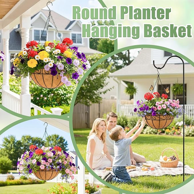 2 Pack 12 Inch Hanging Baskets for Plants Outdoor Metal Hanging Planters Round Hanging Flower Pots with Coco Coir Liner Plant Holder for Outdoor Patio Garden Balcony Decor - Flower Border