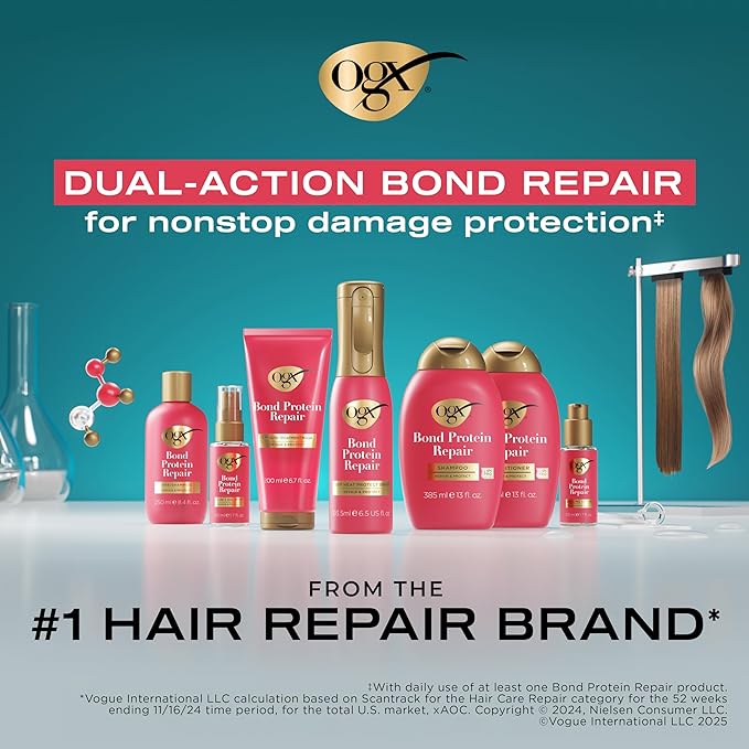 OGX Repair & Protect Bond Protein Repair 450°F Heat Protect Spray, Weightless Mist for Nonstop Damage Protection* to All Hair Types, Heat Spray Preps Hair for Styling, 6.5 fl. oz (Pack of 2)