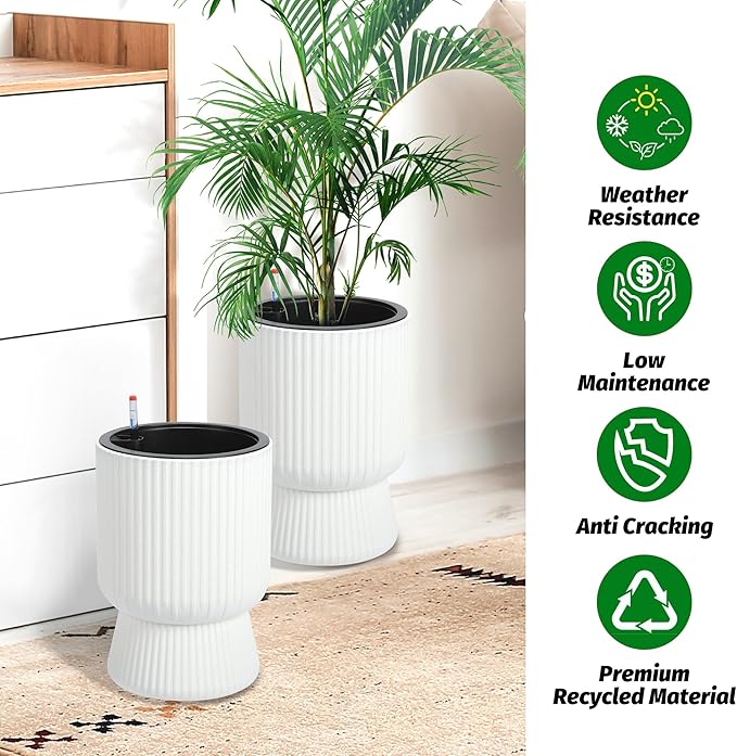 14 Inch Plant Pots, Self Watering Planters Set of 2 with Drainage Holes, Tall planters for Indoor Plants, Flower Pots with Water Level Monitor, for Patio, Porch, Living Room, Home Office, White