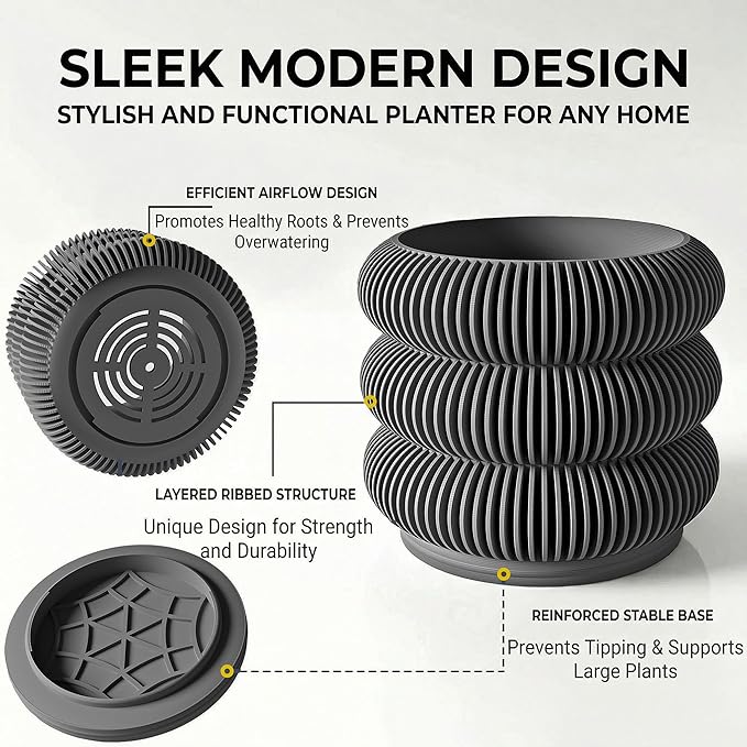 Fabix 4.7" 3D Printed Plant Pots - Unique Bubble Ring Modern Planters for Indoor Plants, Durableo-Friendly PLA Flower Pots with Drainage for Succulents, Cactus, Home Office Décor.(Black)