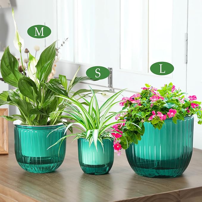 3 Pcs Self Watering Pots for Indoor Plants Planters with Drainage Holes 8.3" 6.5" 4.5" Flower Pots Durable Plastic with Wick Rope and Reservoir Emerald Green Clear for Herbs African Violet