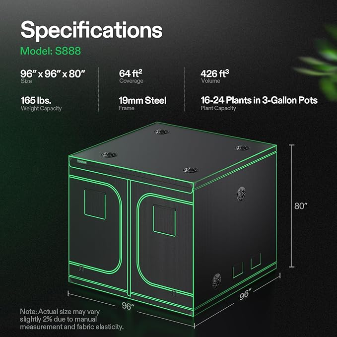 VIVOSUN S888 8x8 Grow Tent, 96"x96"x80" High Reflective Mylar with Observation Window and Floor Tray for Hydroponics Indoor Plant for VS4000/VSF4300