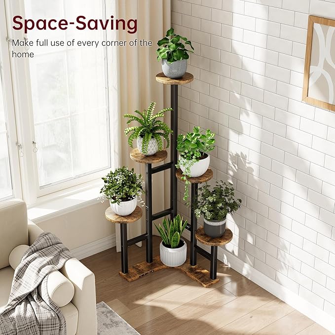 Yzosvki Corner Plant Stand Indoor with Grow Lights, 6 Tiered Corner Plant Shelf Flower Stand for Multiple Plants, Plant Shelves Organizer Rack for Living Room, Balcony, Patio, Round Rustic Brown