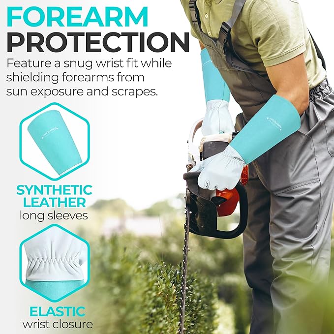 HANDLANDY Long Gardening Gloves for Men & Women, Thorn Proof Rose Pruning Gloves Leather Gauntlets Garden Glove Yard Work Glove (Teal Green, X-Small)