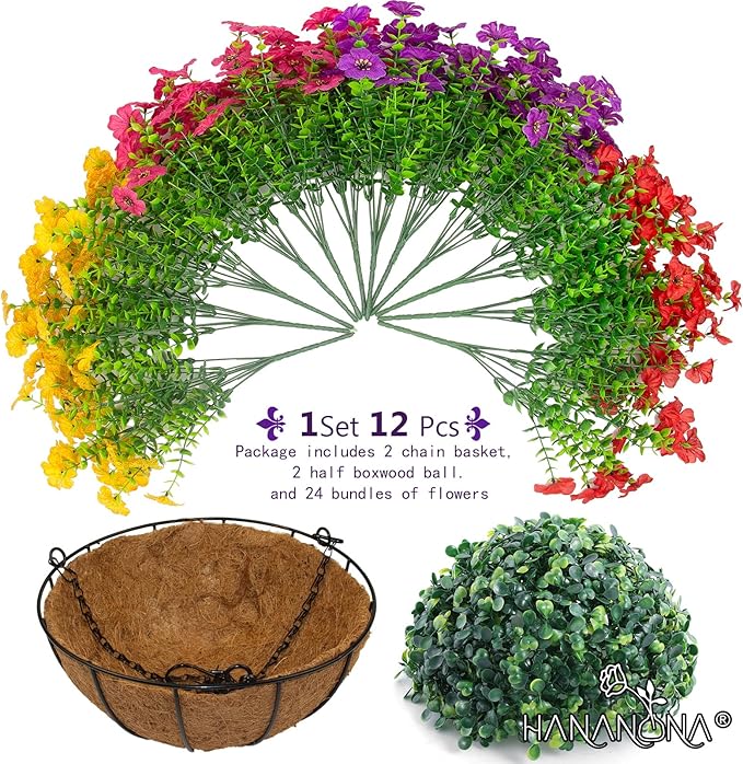 Hananona 2 Set Artificial Outdoor Flowers with Hanging Basket, 2 Hanging Planters with 24 Pcs Flowers for Spring Summer Front Porch Garden Patio Home Decor (2, Red, Purple, Yellow, Rose Red)