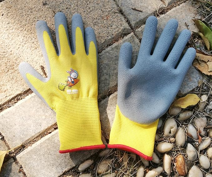KDK Ages 3-5 Kids Gardening Gloves,Yard Work Gloves for Toddlers, Youth, Girls, Boys, Childrens, Soft Safety Rubber Glove (XXXS Age 3-5, 1 Pair Yellow Rabbit Carrot)